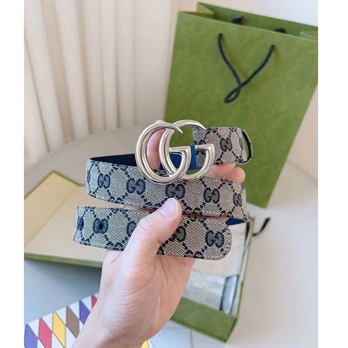 G*u*i unisex gg marmont reversible belt beige blue canvas double g buckle