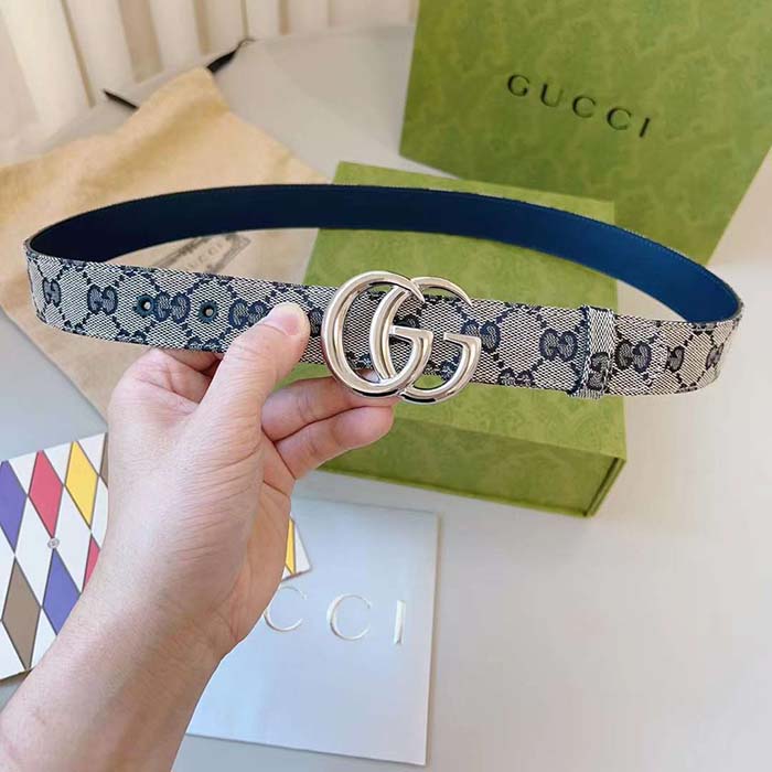 G*u*i unisex gg marmont reversible belt beige blue canvas double g buckle