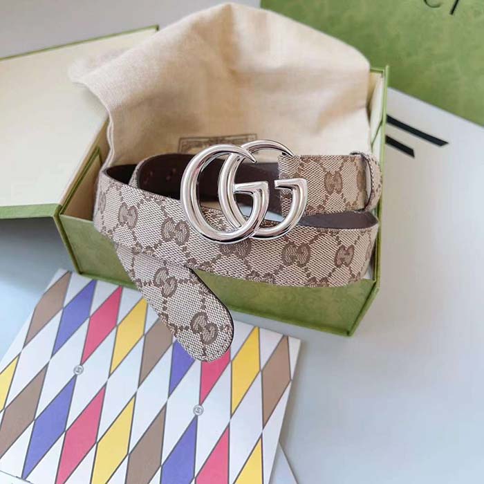 G*u*i unisex gg marmont reversible belt beige ebony original canvas double g buckle