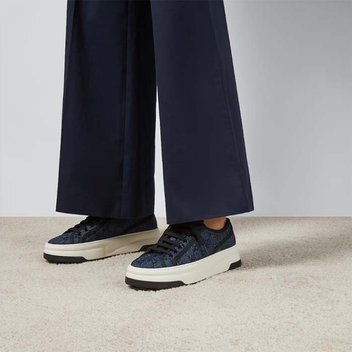 G*u*i unisex gg sneaker tennis 1977 blue denim black crystals low heel