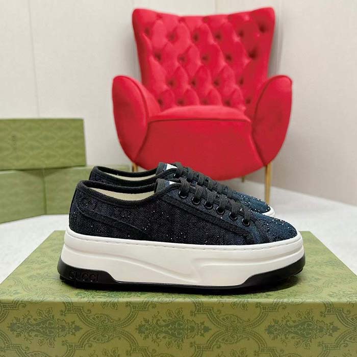 G*u*i unisex gg sneaker tennis 1977 blue denim black crystals low heel