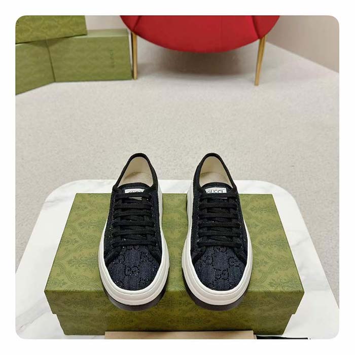 G*u*i unisex gg sneaker tennis 1977 blue denim black crystals low heel