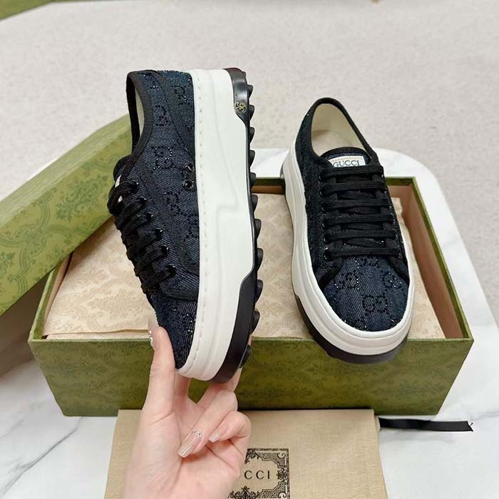 G*u*i unisex gg sneaker tennis 1977 blue denim black crystals low heel