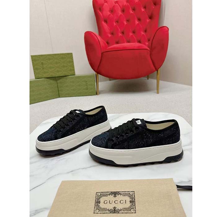 G*u*i unisex gg sneaker tennis 1977 blue denim black crystals low heel