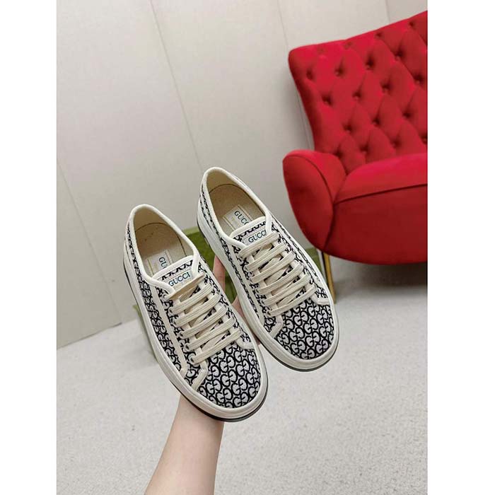 G*u*i unisex gg sneaker tennis 1977 ivory black canvas jacquard low heel