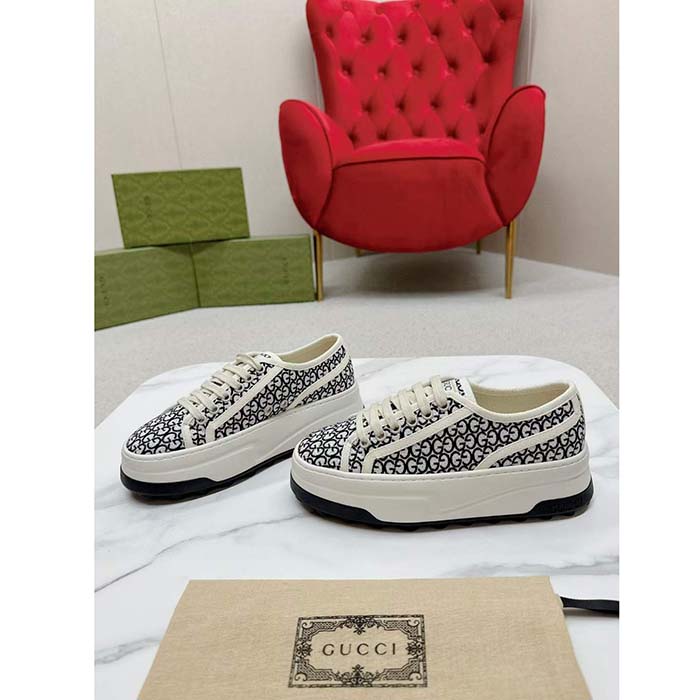 G*u*i unisex gg sneaker tennis 1977 ivory black canvas jacquard low heel