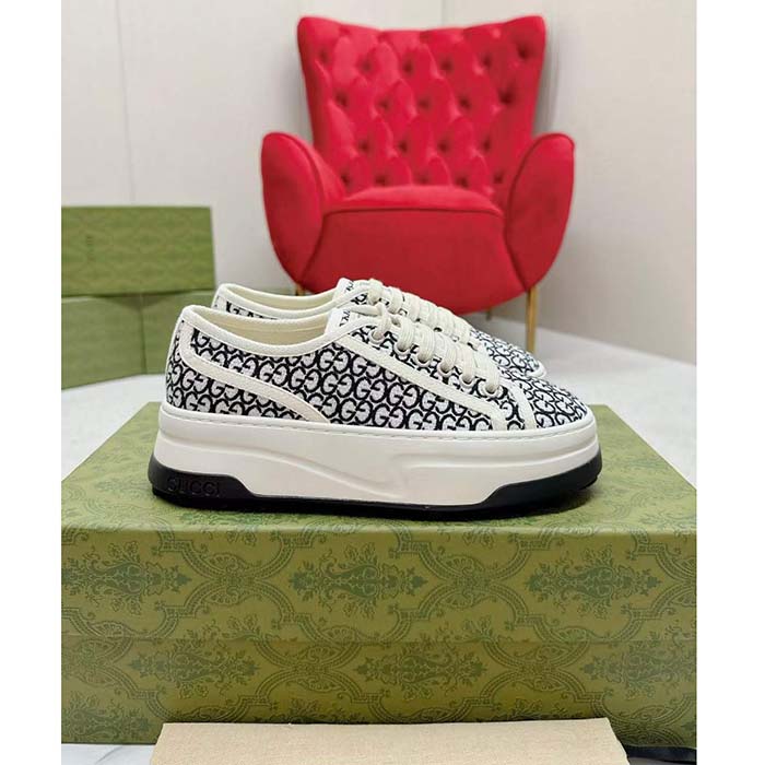 G*u*i unisex gg sneaker tennis 1977 ivory black canvas jacquard low heel