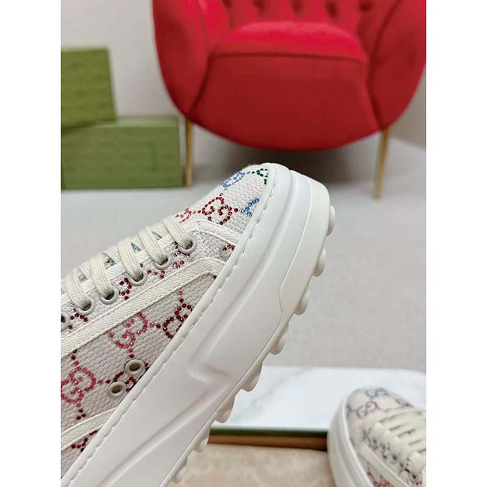 G*u*i unisex gg sneaker tennis 1977 off white canvas lamé crystals low heel