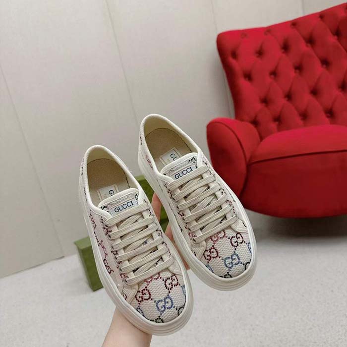 G*u*i unisex gg sneaker tennis 1977 off white canvas lamé crystals low heel