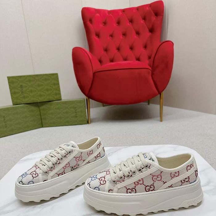 G*u*i unisex gg sneaker tennis 1977 off white canvas lamé crystals low heel