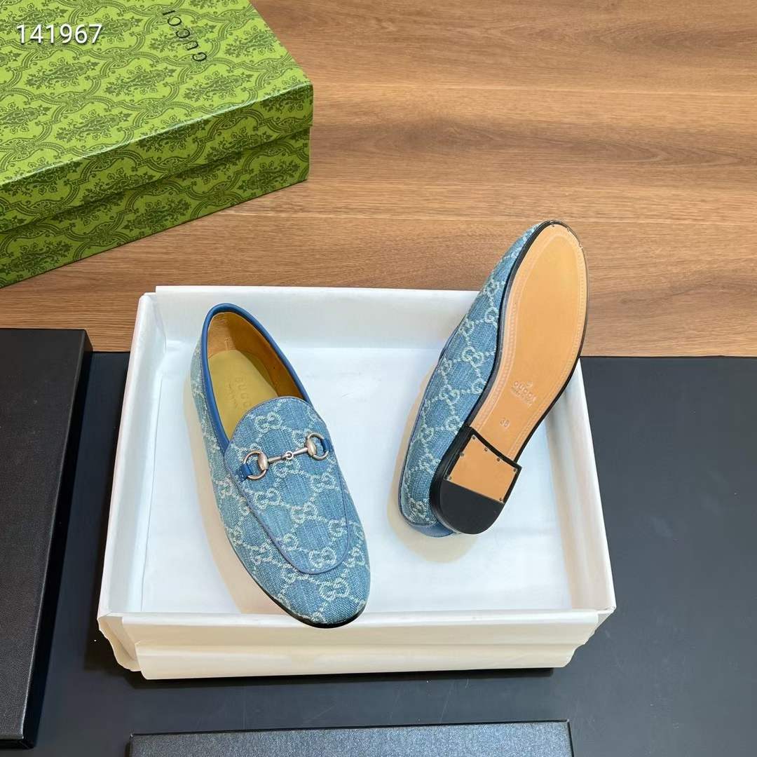 G*u*i unisex jordaan loafer light blue ivory gg denim horsebit flat