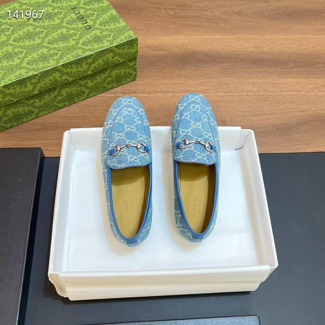 G*u*i unisex jordaan loafer light blue ivory gg denim horsebit flat