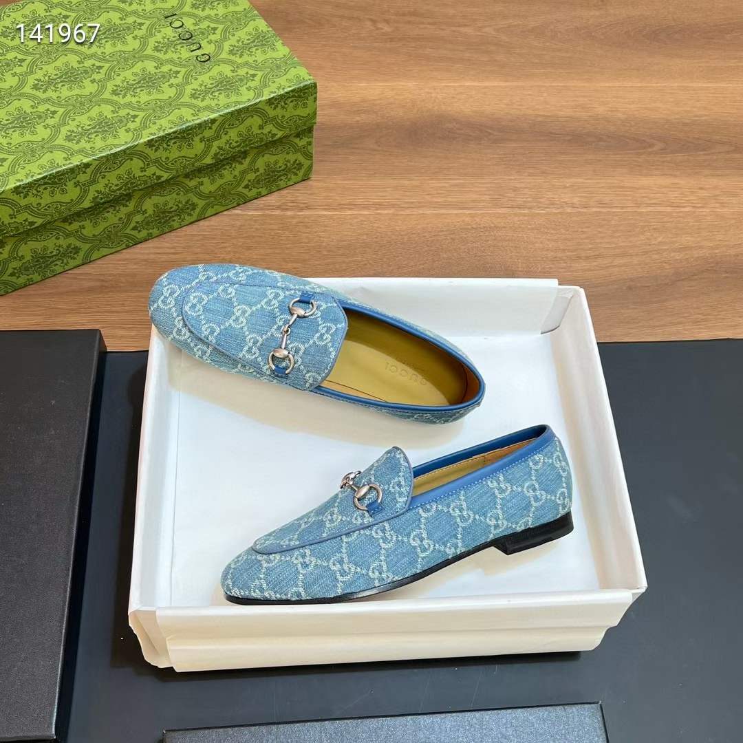 G*u*i unisex jordaan loafer light blue ivory gg denim horsebit flat