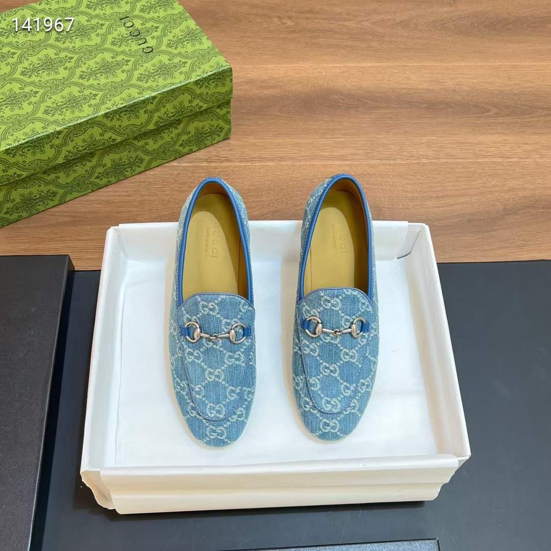 G*u*i unisex jordaan loafer light blue ivory gg denim horsebit flat