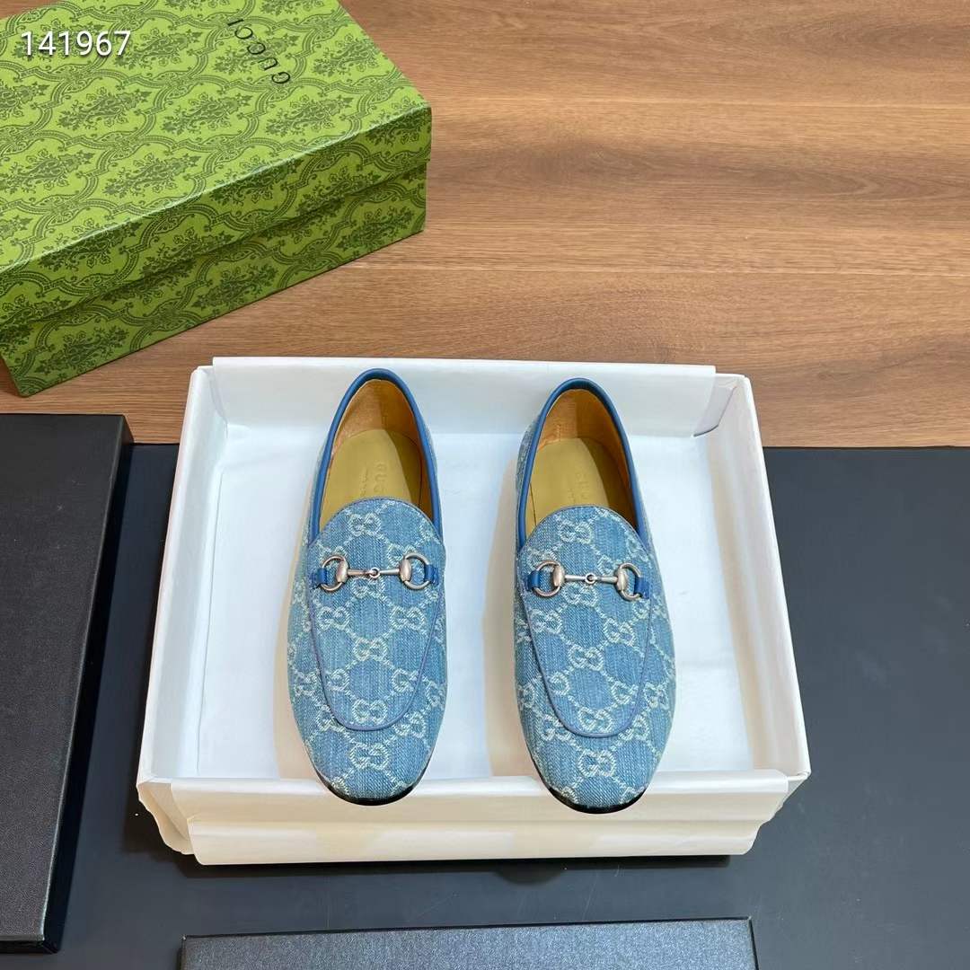 G*u*i unisex jordaan loafer light blue ivory gg denim horsebit flat