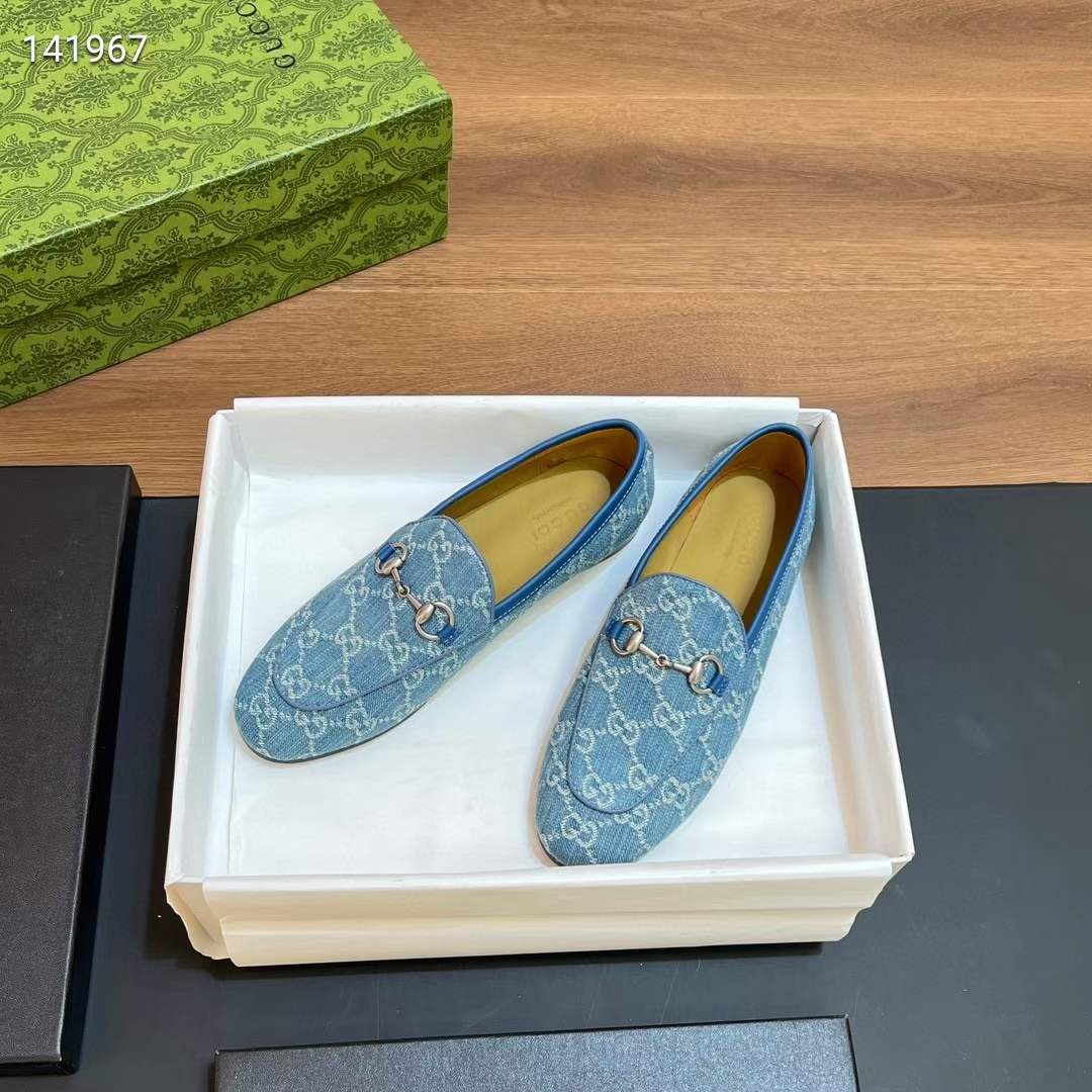 G*u*i unisex jordaan loafer light blue ivory gg denim horsebit flat