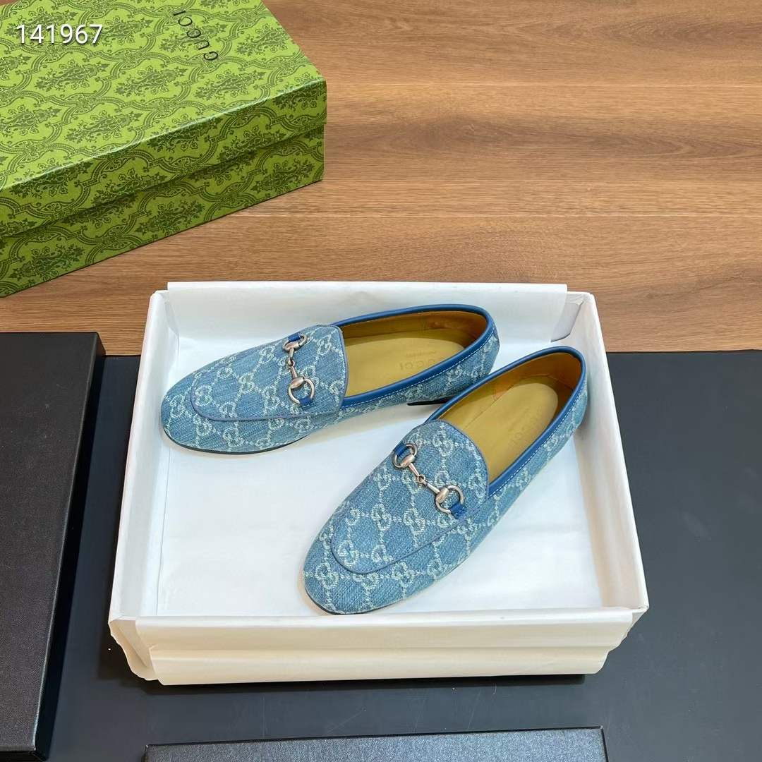 G*u*i unisex jordaan loafer light blue ivory gg denim horsebit flat