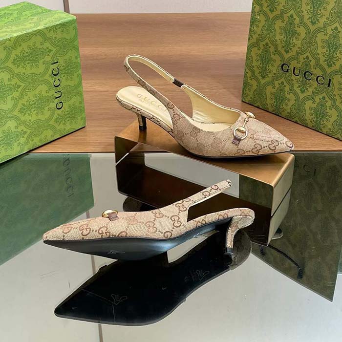 G*u*i women gg canvas slingback pump beige ebony horsebit low heel