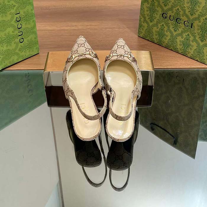 G*u*i women gg canvas slingback pump beige ebony horsebit low heel