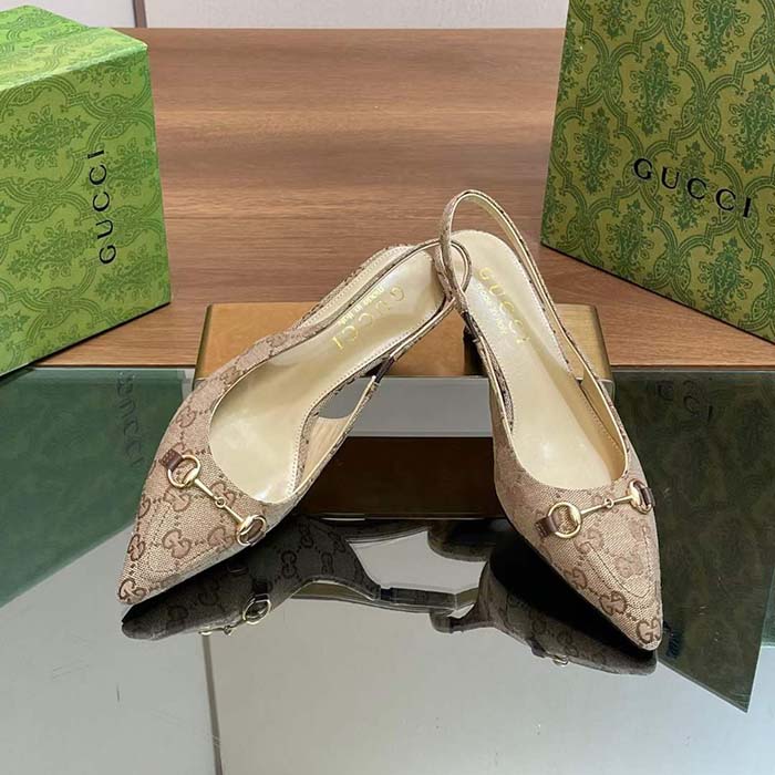G*u*i women gg canvas slingback pump beige ebony horsebit low heel