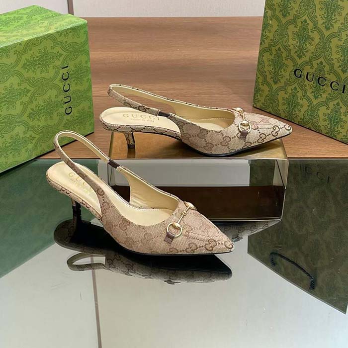 G*u*i women gg canvas slingback pump beige ebony horsebit low heel