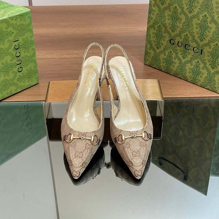 G*u*i women gg canvas slingback pump beige ebony horsebit low heel