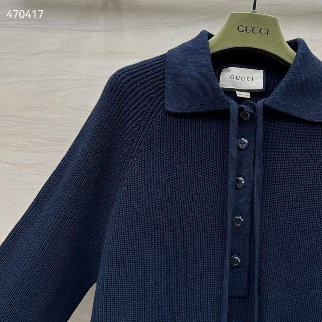 G*u*i men gg chunky rib cotton polo top knitted label raglan long sleeves