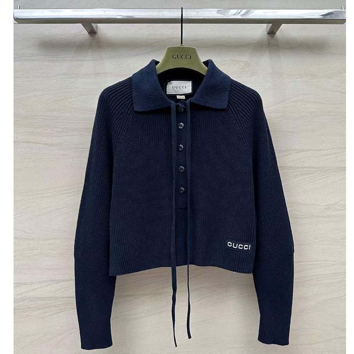 G*u*i men gg chunky rib cotton polo top knitted label raglan long sleeves