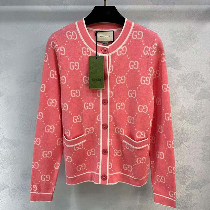 G*u*i women gg cotton jacquard cardigan pink crewneck long sleeves