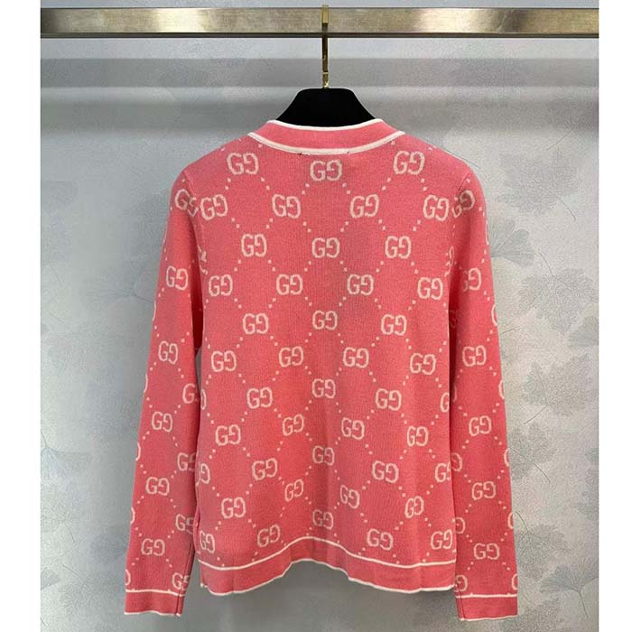 G*u*i women gg cotton jacquard cardigan pink crewneck long sleeves