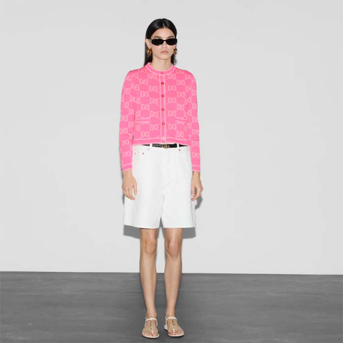 G*u*i women gg cotton jacquard cardigan pink crewneck long sleeves
