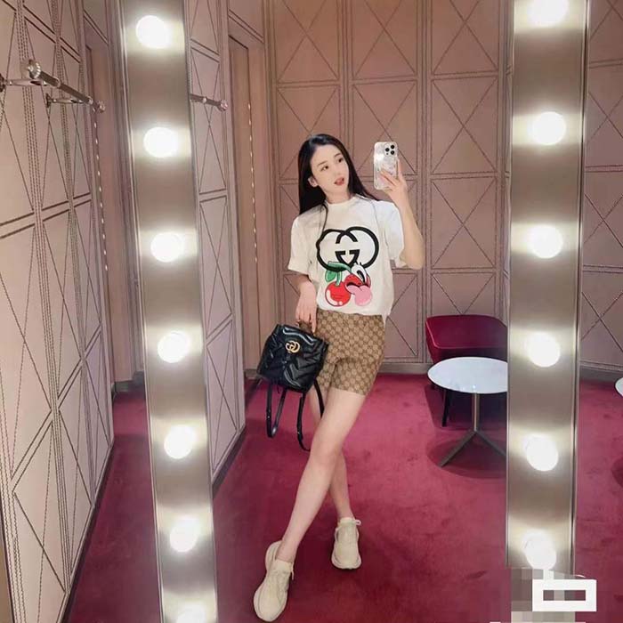 G*u*i women gg cotton jersey printed t-shirt beige crewneck short sleeves