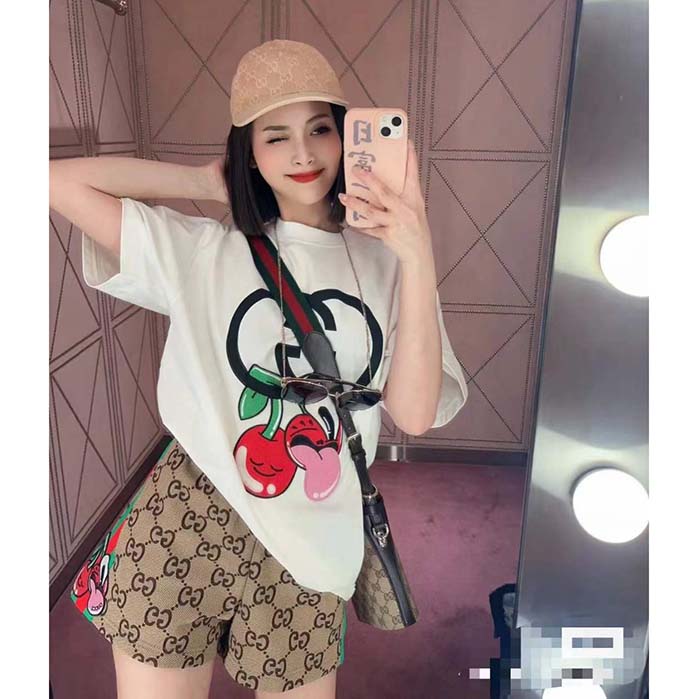 G*u*i women gg cotton jersey printed t-shirt beige crewneck short sleeves