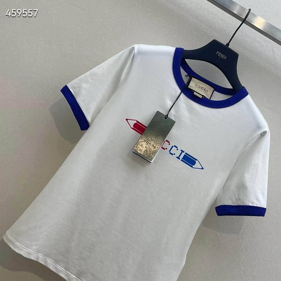 G*u*i men gg cotton jersey printed t-shirt white blue crewneck short sleeves