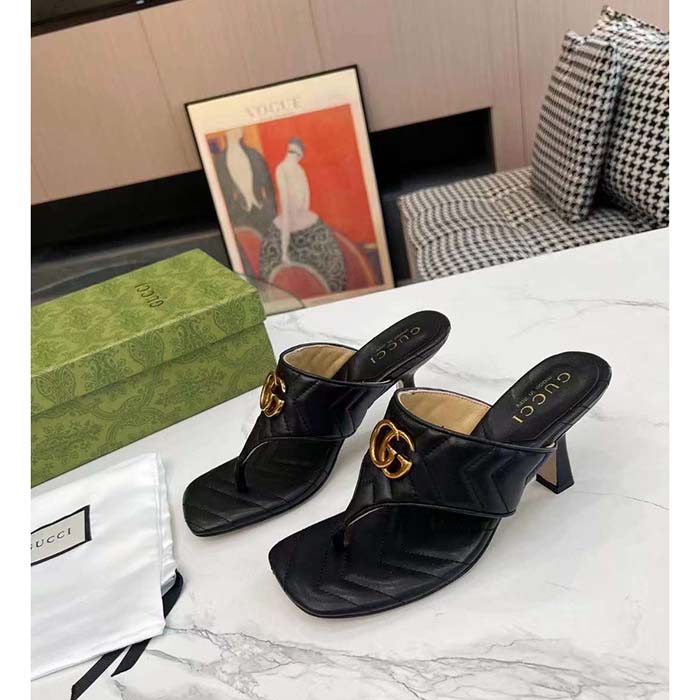 G*u*i women gg double g thong sandal black matelassè chevron leather mid-heel