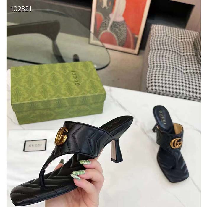 G*u*i women gg double g thong sandal black matelassè chevron leather mid-heel