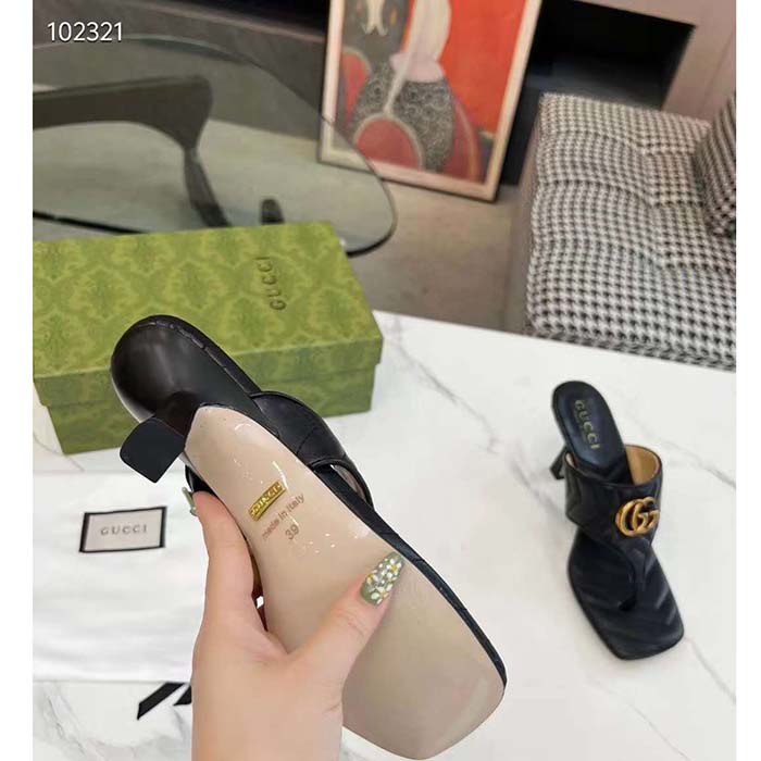 G*u*i women gg double g thong sandal black matelassè chevron leather mid-heel