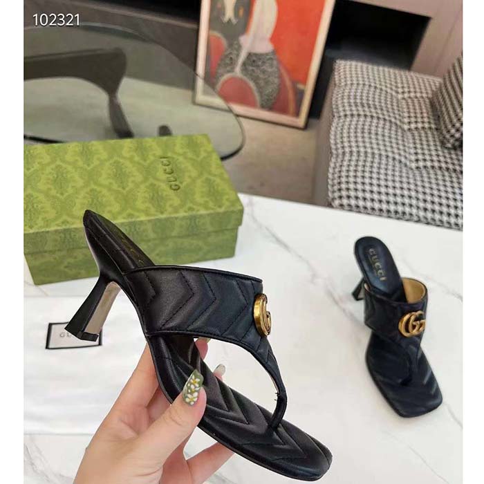 G*u*i women gg double g thong sandal black matelassè chevron leather mid-heel