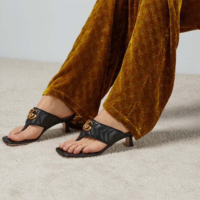 G*u*i women gg double g thong sandal black matelassè chevron leather mid-heel