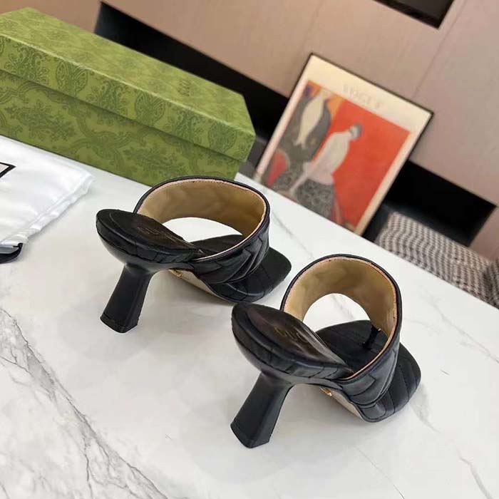 G*u*i women gg double g thong sandal black matelassè chevron leather mid-heel