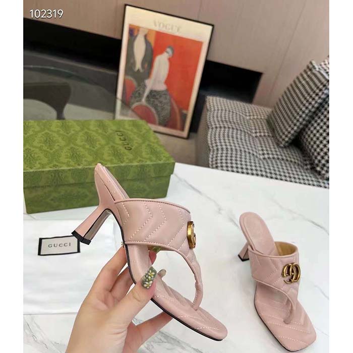 G*u*i women gg double g thong sandal pink matelassè chevron leather mid-heel