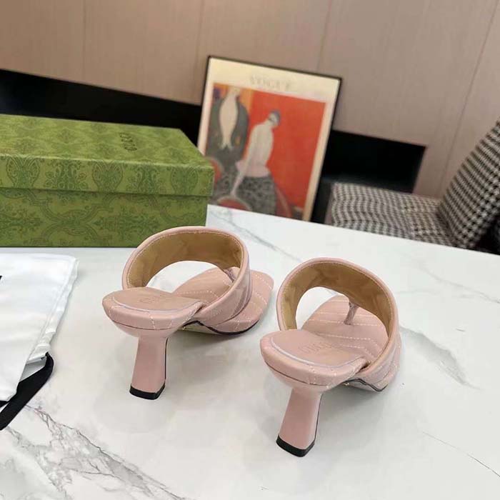 G*u*i women gg double g thong sandal pink matelassè chevron leather mid-heel