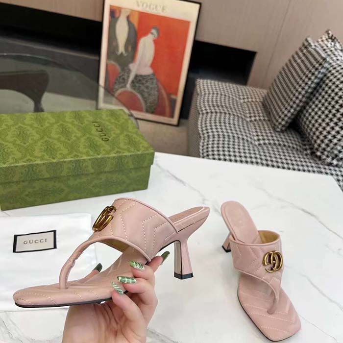G*u*i women gg double g thong sandal pink matelassè chevron leather mid-heel