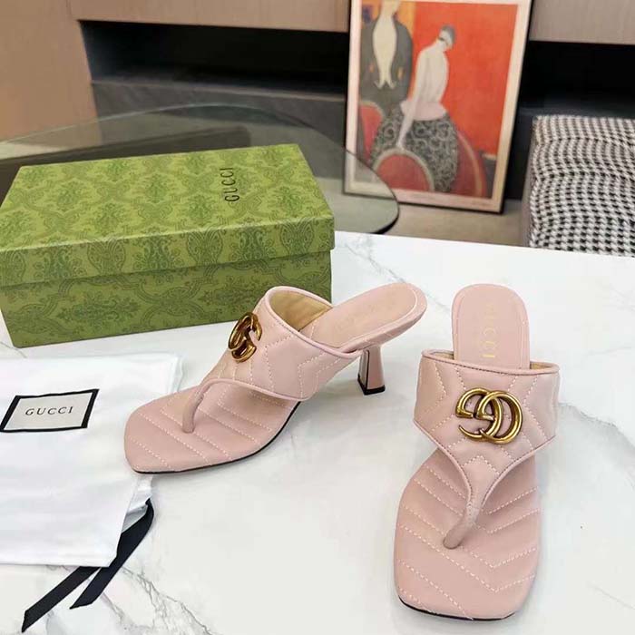 G*u*i women gg double g thong sandal pink matelassè chevron leather mid-heel