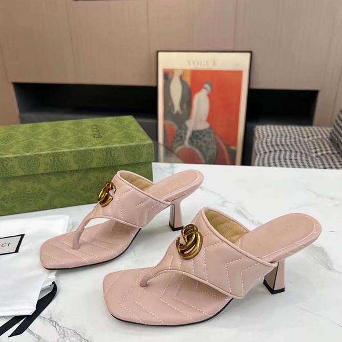 G*u*i women gg double g thong sandal pink matelassè chevron leather mid-heel
