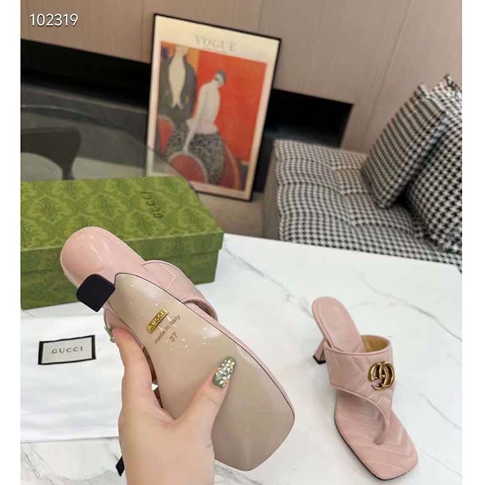 G*u*i women gg double g thong sandal pink matelassè chevron leather mid-heel