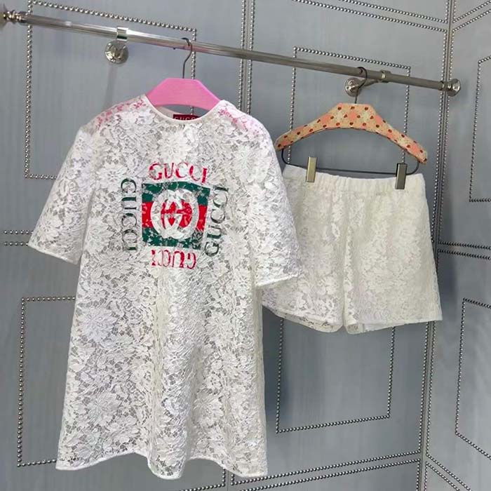 G*u*i women gg floral cotton lace top print crewneck dropped shoulder short sleeves
