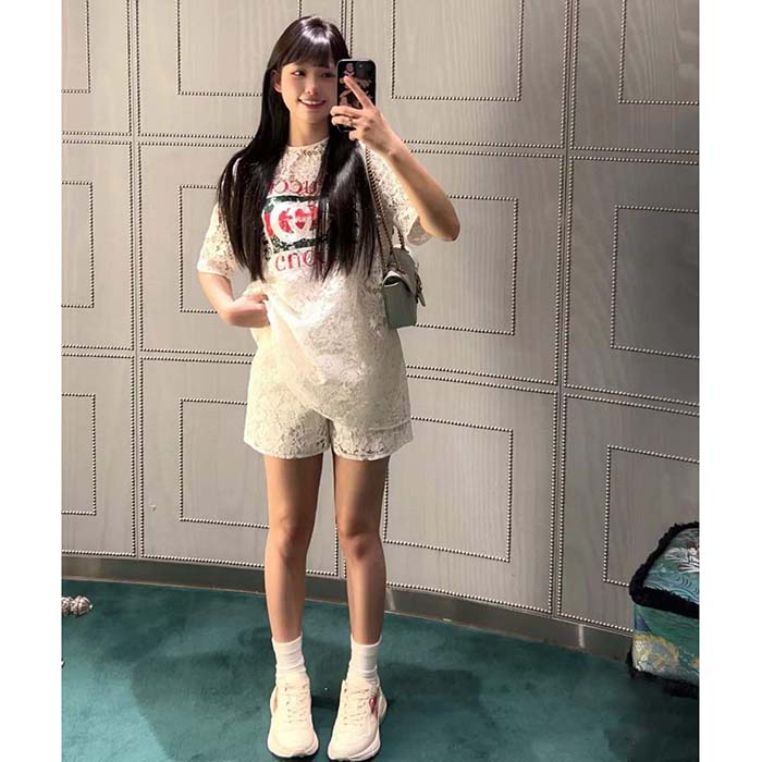 G*u*i women gg floral cotton lace top print crewneck dropped shoulder short sleeves