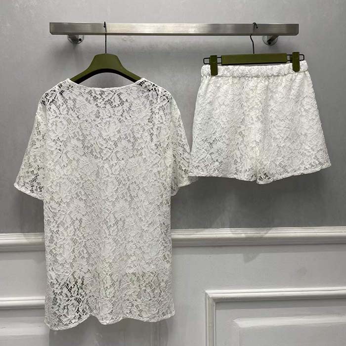 G*u*i women gg floral cotton lace top print crewneck dropped shoulder short sleeves
