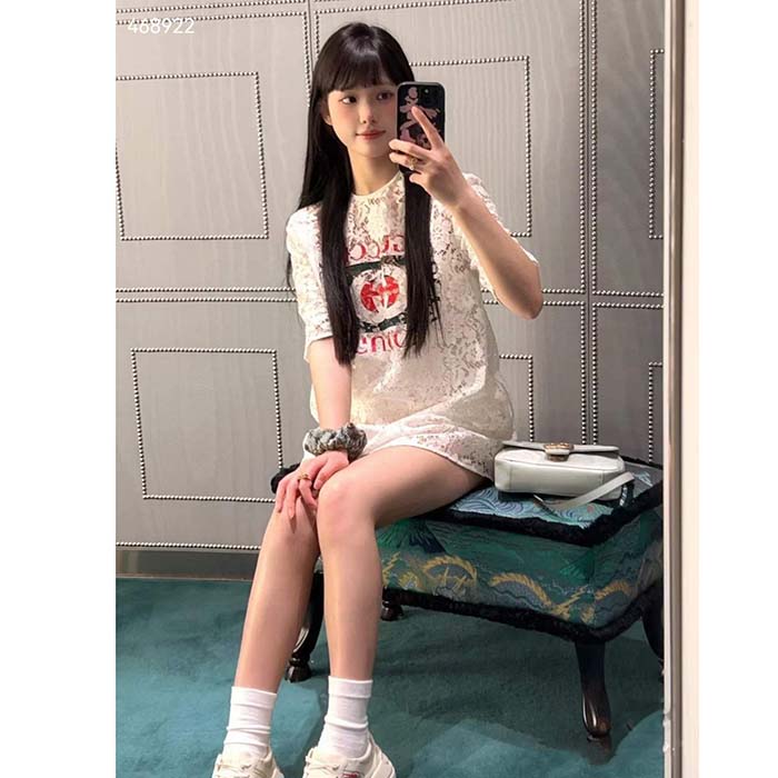 G*u*i women gg floral cotton lace top print crewneck dropped shoulder short sleeves